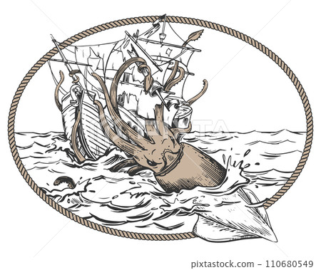 The legendary kraken is attacking the ship. A squid drags a sailboat underwater. Monochrome drawing in an oval rope frame. Vector illustration in engraving style. Composition based on sailor's legends The legendary kraken is attacking the ship. A squid drags a sailboat underwater. Monochrome drawing in an oval rope frame. Vector illustration in engraving style. Composition based on sailor's legends 110680549
