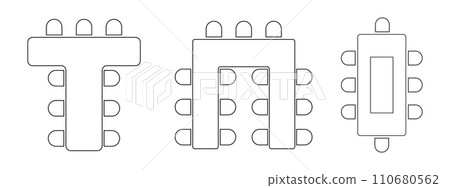 Seats arrangement on banquet or wedding event in restaurant or cafe. Business office or cabinet seating interior plan. Top view. Schematic tables and chairs icons set 110680562