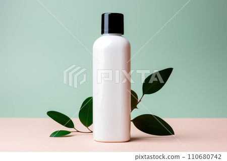 White plastic cosmetic jar with a branch of green leaves White plastic cosmetic jar with a branch of green leaves 110680742