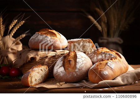 Generative AI fresh baked bread, diferent sizes, rustic background, generated by AI 110680896