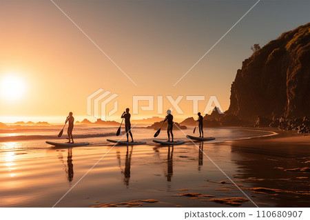 Generative AI Sup people at sunset paddling on the coasts, generated by AI 110680907