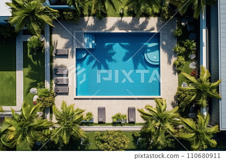 Generative AI Swimming pool outdoors top view with green tropic trees, generated by AI 110680911