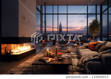 Generative AI Living room with fireplace at sunset, modern design generated by AI 110680915