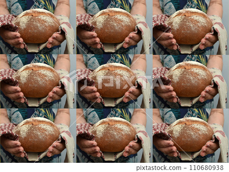 Collage of photographs of a loaf of bread in the hands of a woman. 110680938