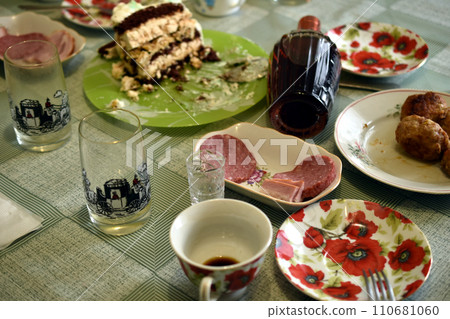 View of a table with dishes after dinner. View of a table with dishes after dinner. 110681060