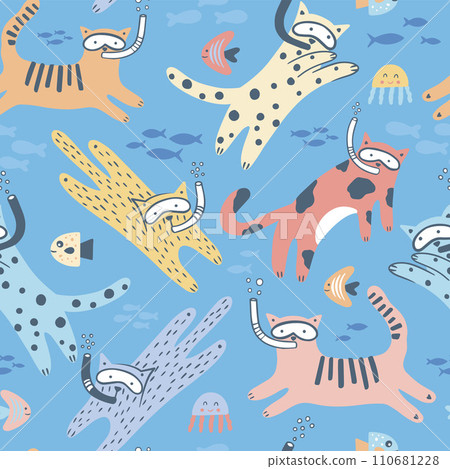 Childish seamless pattern with cats and fish on a blue background. Can be used for fabric, wallpaper, textile, print. 110681228