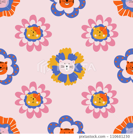 Nursery seamless pattern with cats and flowers. Vector modern background. It can be used for apparel, wallpaper and textiles. Nursery seamless pattern with cats and flowers. Vector modern background. It can be used for apparel, wallpaper and textiles. 110681230