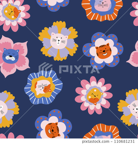 Nursery seamless pattern with cats and flowers. Vector modern background. It can be used for apparel, wallpaper and textiles. Nursery seamless pattern with cats and flowers. Vector modern background. It can be used for apparel, wallpaper and textiles. 110681231