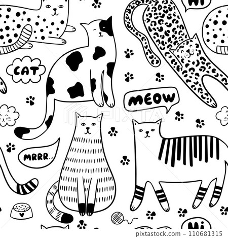 Doodle cats on a white background. Childish vector illustration with pets, speech bubbles, short phrases and paws. It can be used for textile, wallpaper, fabric, wrapping, apparel. Doodle cats on a white background. Childish vector illustration with pets, speech bubbles, short phrases and paws. It can be used for textile, wallpaper, fabric, wrapping, apparel. 110681315