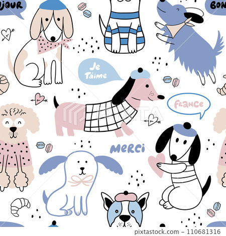 Cute seamless pattern with doodle dogs, short phrases, speech bubbles. Pets in berets, vests, scarves. Vector background. Can be used for nursery, textile, wrapping paper, decoration. Cute seamless pattern with doodle dogs, short phrases, speech bubbles. Pets in berets, vests, scarves. Vector background. Can be used for nursery, textile, wrapping paper, decoration. 110681316