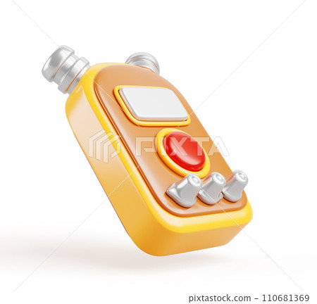 Dictaphone, device voice recorder 3d render icon. Cartoon isolated yellow gold equipment with red button for media, journalist interview, record, play and listen to speech, side view. 3D illustration 110681369