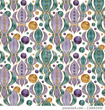Hand drawn watercolor Mardi Gras carnival symbol. Fleur de lis iris lily flower with glass beads baubles confetti. Seamless pattern isolated on white background. Design for party, print, shop, package Hand drawn watercolor Mardi Gras carnival symbol. Fleur de lis iris lily flower with glass beads baubles confetti. Seamless pattern isolated on white background. Design for party, print, shop, package 110681930