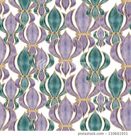 Hand drawn watercolor Mardi Gras carnival symbol. Fleur de lis iris lily flower with glass beads baubles confetti. Seamless pattern isolated on white background. Design for party, print, shop, package Hand drawn watercolor Mardi Gras carnival symbol. Fleur de lis iris lily flower with glass beads baubles confetti. Seamless pattern isolated on white background. Design for party, print, shop, package 110681931