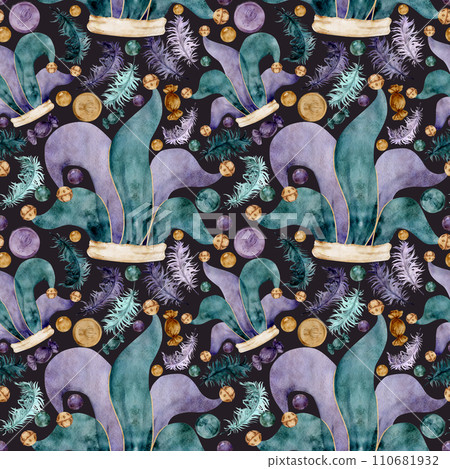Hand drawn watercolor Mardi Gras carnival symbols. Jester fool hat, feathers, bonbons beads baubles coin throws. Seamless pattern isolated on dark background. Design for party, print, shop, package Hand drawn watercolor Mardi Gras carnival symbols. Jester fool hat, feathers, bonbons beads baubles coin throws. Seamless pattern isolated on dark background. Design for party, print, shop, package 110681932