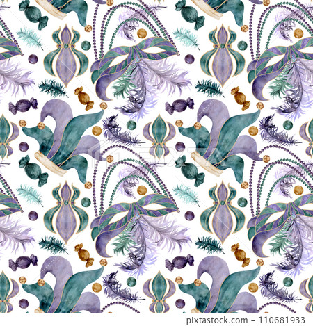 Hand drawn watercolor Mardi Gras carnival symbol. Jester fool hat, fleur de lis lily flower, mask domino feathers. Seamless pattern isolated on white background. Design for party, print, shop, package Hand drawn watercolor Mardi Gras carnival symbol. Jester fool hat, fleur de lis lily flower, mask domino feathers. Seamless pattern isolated on white background. Design for party, print, shop, package 110681933