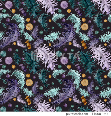 Hand drawn watercolor Mardi Gras carnival symbols. Gold purple green feathers, bonbons beads baubles coin throws. Seamless pattern isolated on dark background. Design for party, print, shop, package Hand drawn watercolor Mardi Gras carnival symbols. Gold purple green feathers, bonbons beads baubles coin throws. Seamless pattern isolated on dark background. Design for party, print, shop, package 110681935