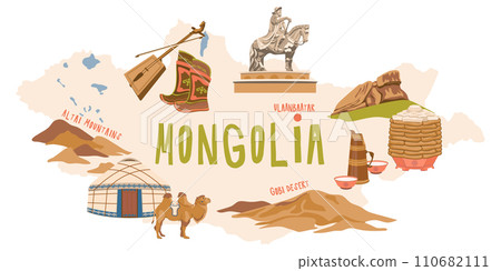 Map of Mongolia with sights. Traditional dishes, household items of nomads, a yurt. Vector illustration for the design of tourist brochures, tourist maps. A landmark monument to Genghis khan. 110682111