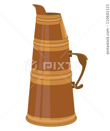 Traditional Mongolian tea jug. Dishes of the nomadic peoples of Asia. Camping kettle made of copper with a folding handle. Vector illustration. 110682123