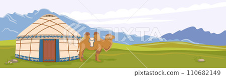 Mongolian landscape. A yurt against the background of mountains, a domestic camel next to the traditional dwelling of nomads. Green pastures, vector illustration for travel poster. 110682149