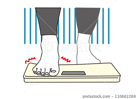 A woman gingerly steps on a scale 110682269