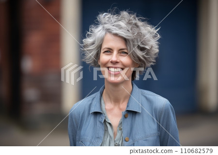 Portrait of a happy senior woman with short grey hair in front of her house. Portrait of a happy senior woman with short grey hair in front of her house. 110682579