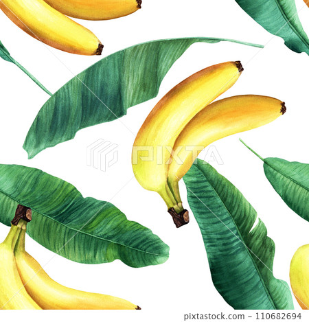 Watercolor seamless pattern with banana tree leaves and yellow fruit, berry banana. Hand drawn illustration isolated on white background. For wrapping wallpaper fabric textile. Watercolor seamless pattern with banana tree leaves and yellow fruit, berry banana. Hand drawn illustration isolated on white background. For wrapping wallpaper fabric textile. 110682694