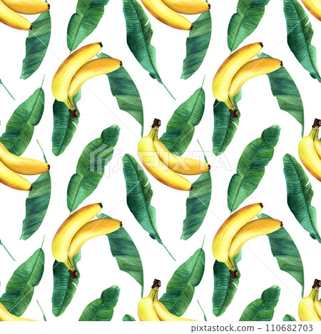 Watercolor seamless pattern with banana tree leaves and yellow fruit, berry banana. Hand drawn illustration isolated on white background. For wrapping wallpaper fabric textile. Watercolor seamless pattern with banana tree leaves and yellow fruit, berry banana. Hand drawn illustration isolated on white background. For wrapping wallpaper fabric textile. 110682703