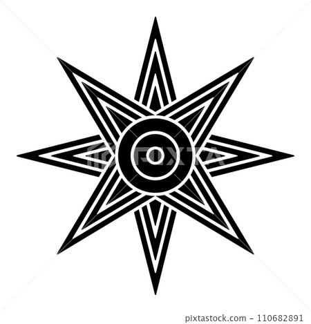 Star of Ishtar or Inanna, or also Star of Venus is usually depicted with eight points. Symbol of ancient Sumerian goddess Inanna, and her East Semitic counterpart Ishtar. Black and white illustration. 110682891