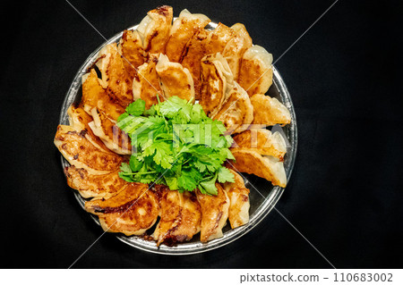 黑色背景上的香菜餃子 黑色背景上的香菜餃子 110683002