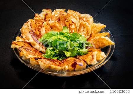 coriander gyoza on black background coriander gyoza on black background 110683003