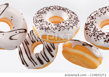 Chocolate glazed donut with sprinkles in motion falling on a white background. 110683251