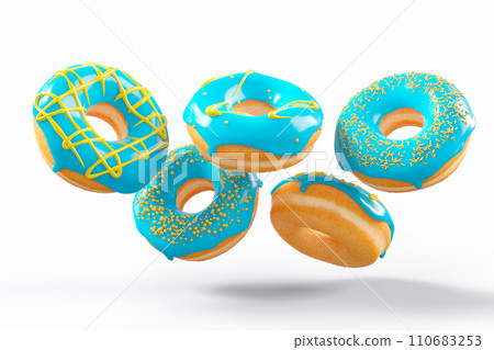 Chocolate glazed donut with sprinkles in motion falling on a white background. Chocolate glazed donut with sprinkles in motion falling on a white background. 110683253