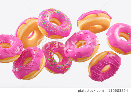 Chocolate glazed donut with sprinkles in motion falling on a white background. 110683254