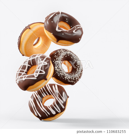 Chocolate glazed donut with sprinkles in motion falling on a white background. Chocolate glazed donut with sprinkles in motion falling on a white background. 110683255