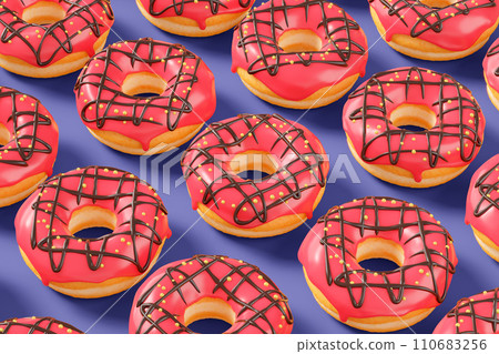 Trendy sunlight Summer pattern made with glazed donut with sprinkles on a violet Trendy sunlight Summer pattern made with glazed donut with sprinkles on a violet 110683256