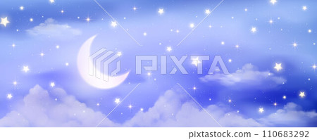 Night sky background. Starry dark gradient space. Crescent moon and clouds dreamy scene. Vector cute landscape panorama. Magic midnight illustration 110683292