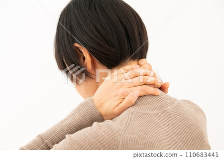 Middle woman suffering from neck pain Middle woman suffering from neck pain 110683441