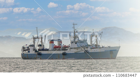 Nautical fishing coracles on sea on soft sunlight 110683447