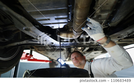Mechanic man change oil under auto, car maintenance service, oil dripping Mechanic man change oil under auto, car maintenance service, oil dripping 110683489