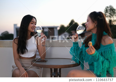 Portrait of two young female friends talking and drinking wine on a rooftop during sunset 110683737