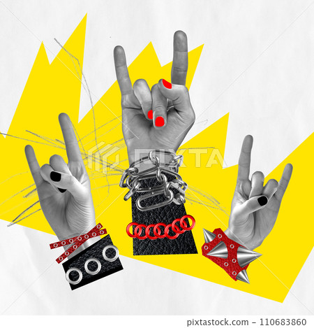 Advertisement for a documentary on the cultural impact of rock music through the decades. Multiple hands making the rock n' roll sign with a vibrant abstract background 110683860