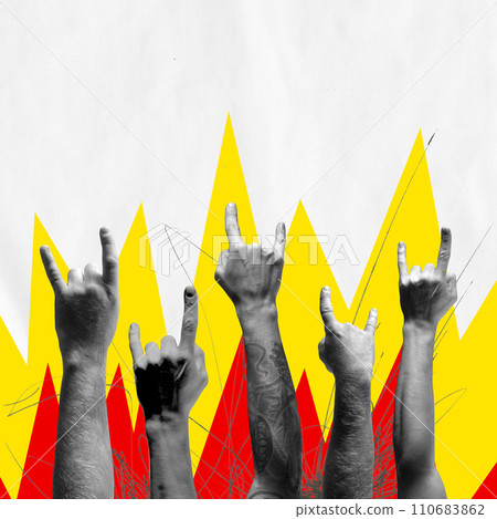 Poster for a rock music festival, celebrating the spirit and enthusiasm of the genre. Multiple hands making the rock n' roll sign Poster for a rock music festival, celebrating the spirit and enthusiasm of the genre. Multiple hands making the rock n' roll sign 110683862