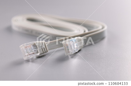 White internet connectors placed on grey surface, cable with plastic clip at tip 110684133