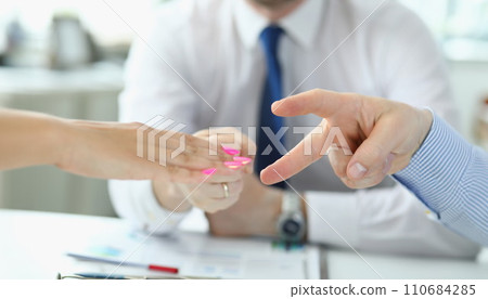 Coworkers playing stone, paper and scissors game, bet on something, funny carefree game 110684285