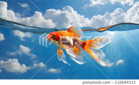 AI 生成的金魚在水下和藍天中優雅遊動的圖像 110684322