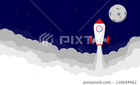 Space ship Rocket launch in the sky flying over clouds. vector illustration 110684462
