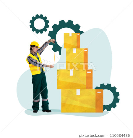 Contemporary art collage. Worker in hard hat and high-visibility vest measuring boxes. Concept of educational material for logistics training programs. Contemporary art collage. Worker in hard hat and high-visibility vest measuring boxes. Concept of educational material for logistics training programs. 110684486