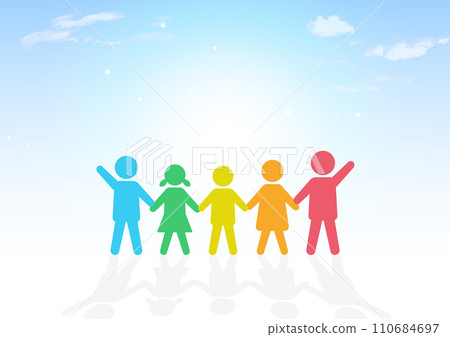 Sky background with silhouettes of children holding hands 110684697