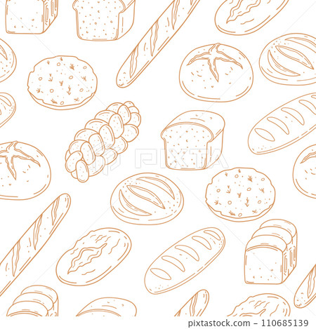 Hand drawn seamless pattern with different type of bread. Baked goods background. Design for bakery, home textile 110685139