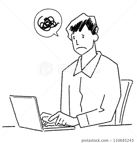 Line drawing illustration of a man having trouble in front of a computer Line drawing illustration of a man having trouble in front of a computer 110685243